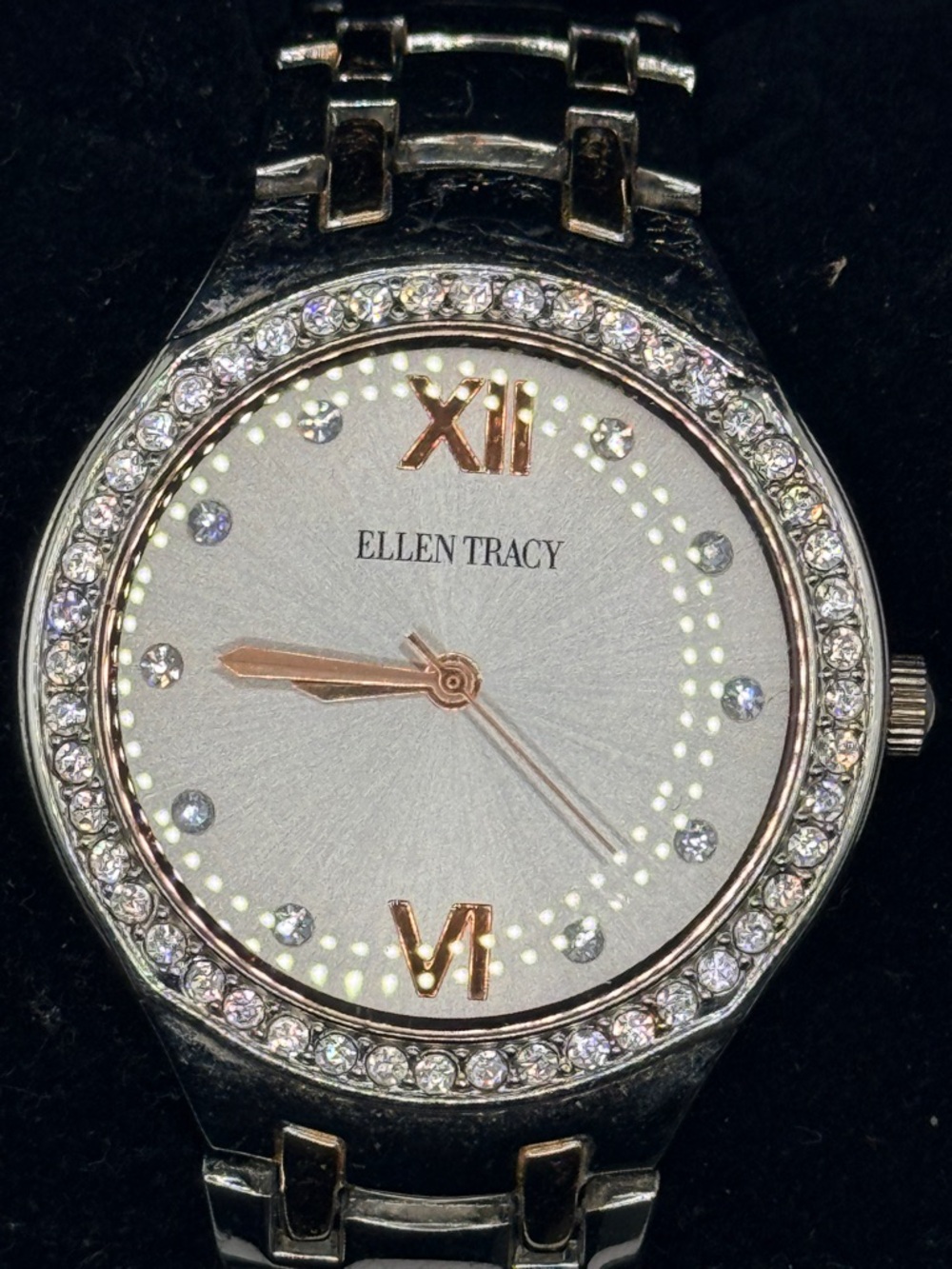 Working! Ellen Tracy Womens Silver Rose Gold Tone Rhinestone Watch